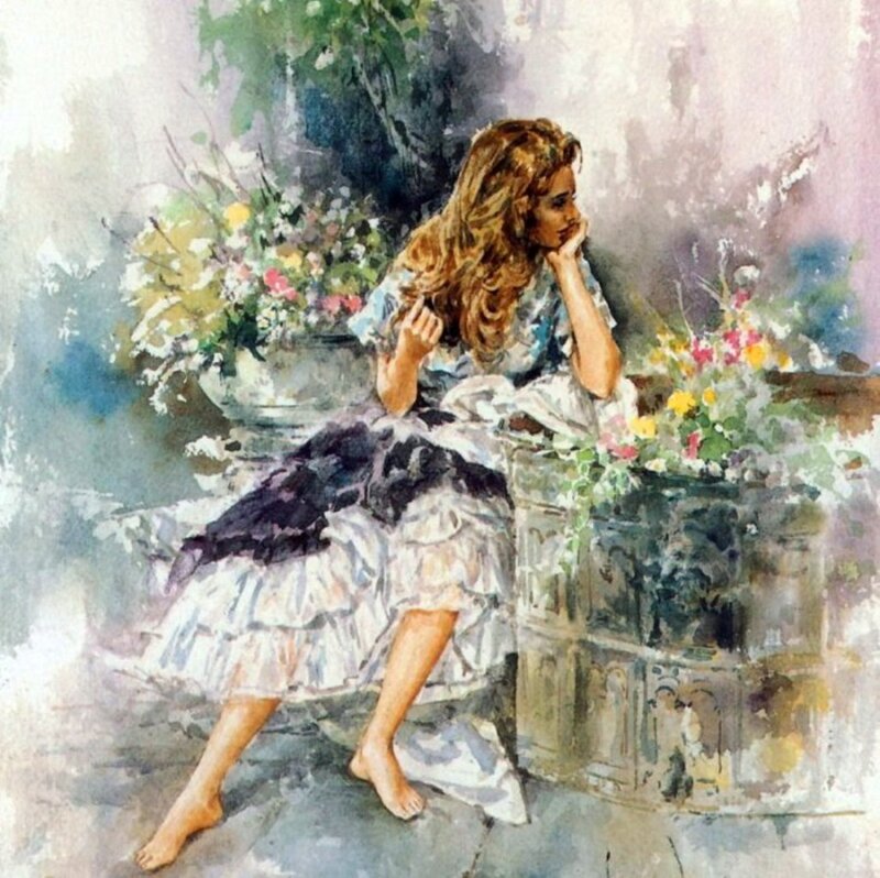 Woman Sitting on Steps — White, Serene, Afternoon, Painting
