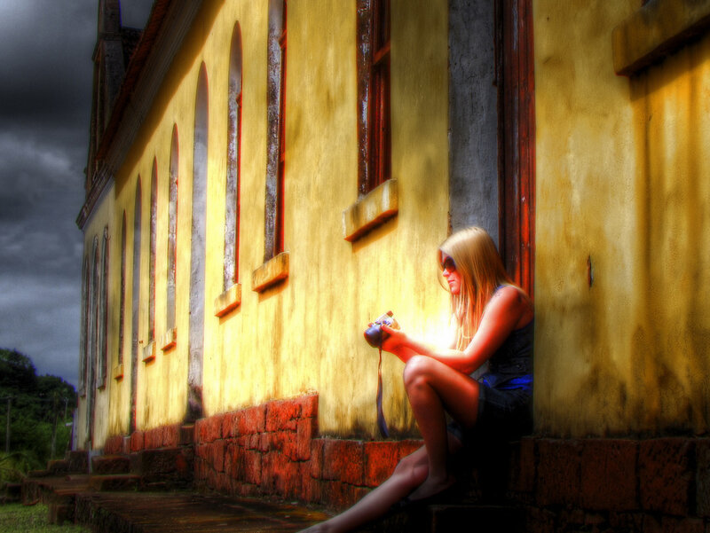 Woman Sitting on Steps — Yellow, Dramatic