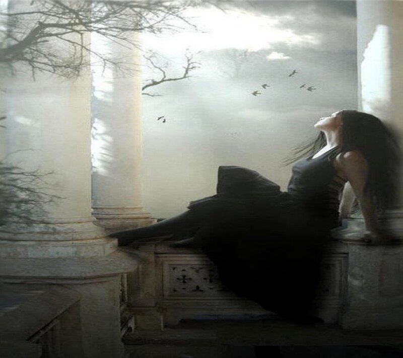Woman Sitting on Stone Bench — Gray