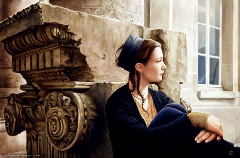 Woman Sitting on Stone — Blue, Serene