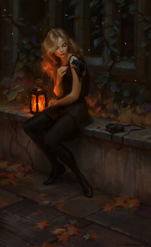 Woman Sitting on Stone Ledge — Black, Dramatic, Night