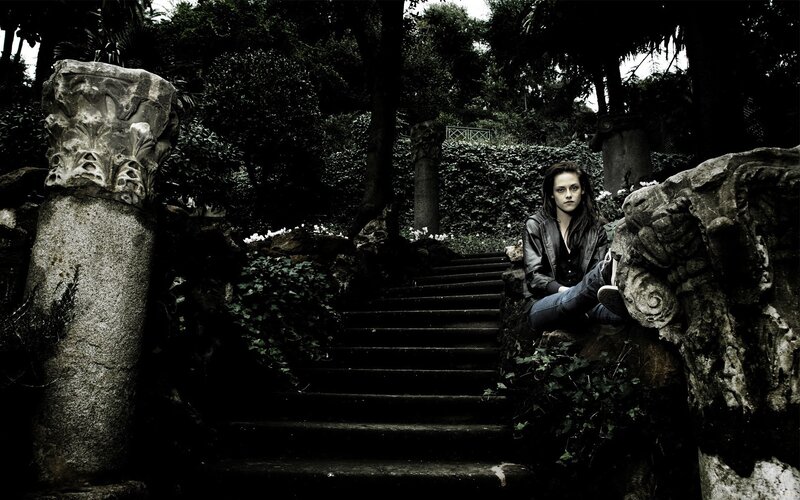 Woman Sitting on Stone Steps — Black, Dramatic