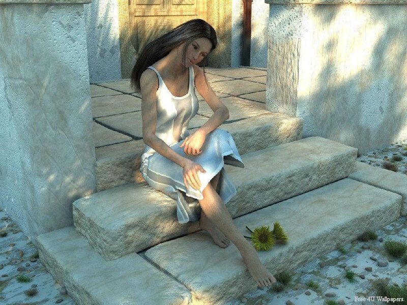 Woman Sitting on Stone Steps — White, Serene