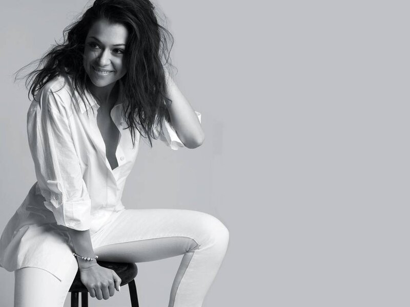 Woman Sitting on Stool — White, Neutral, Photograph, Shirt
