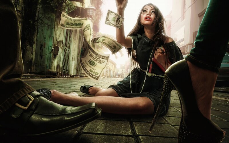 Woman Sitting on Street — Black, Dramatic