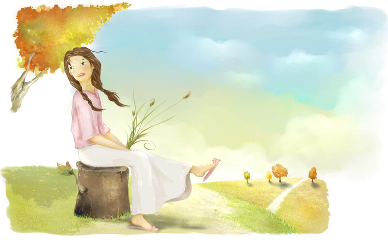 Woman Sitting on Stump