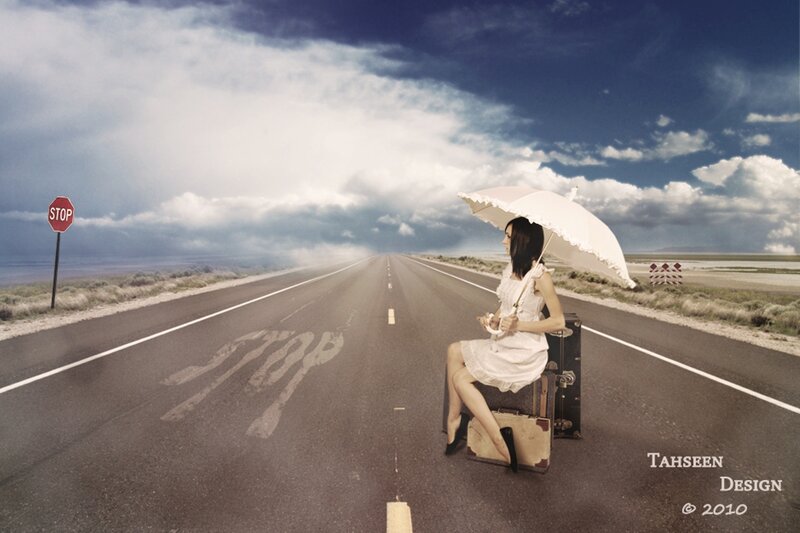 Woman Sitting on Suitcase — White, Dramatic