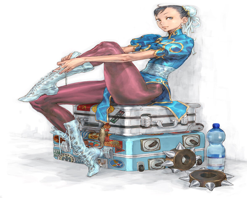 Woman Sitting on Suitcases — Blue
