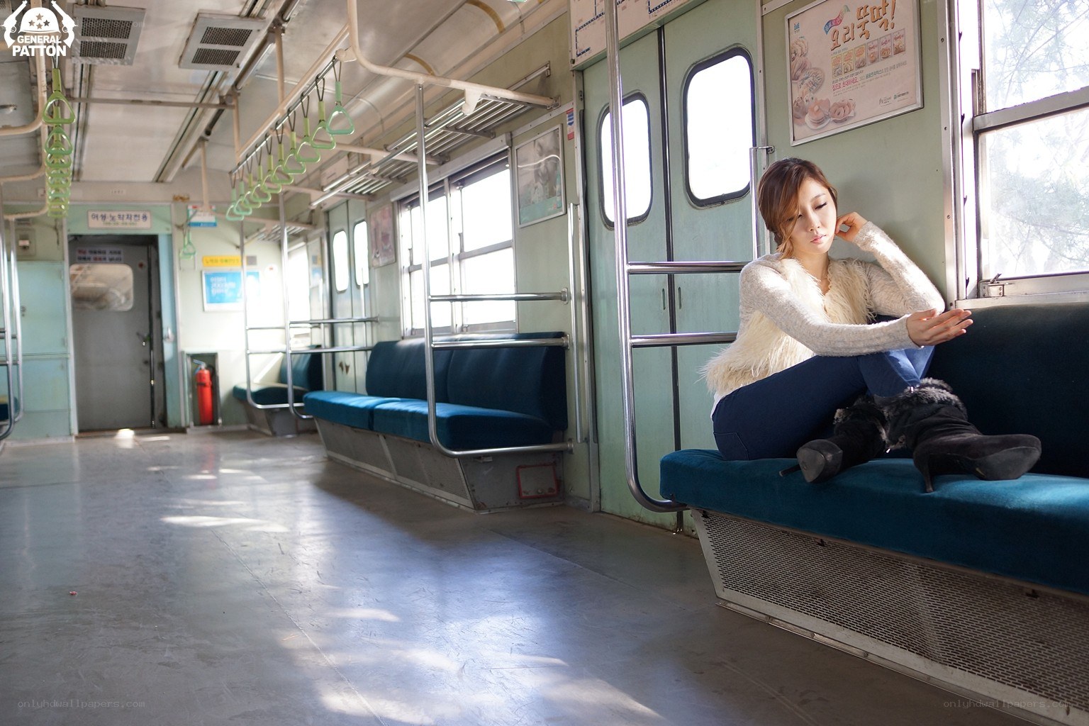 Woman sitting on train