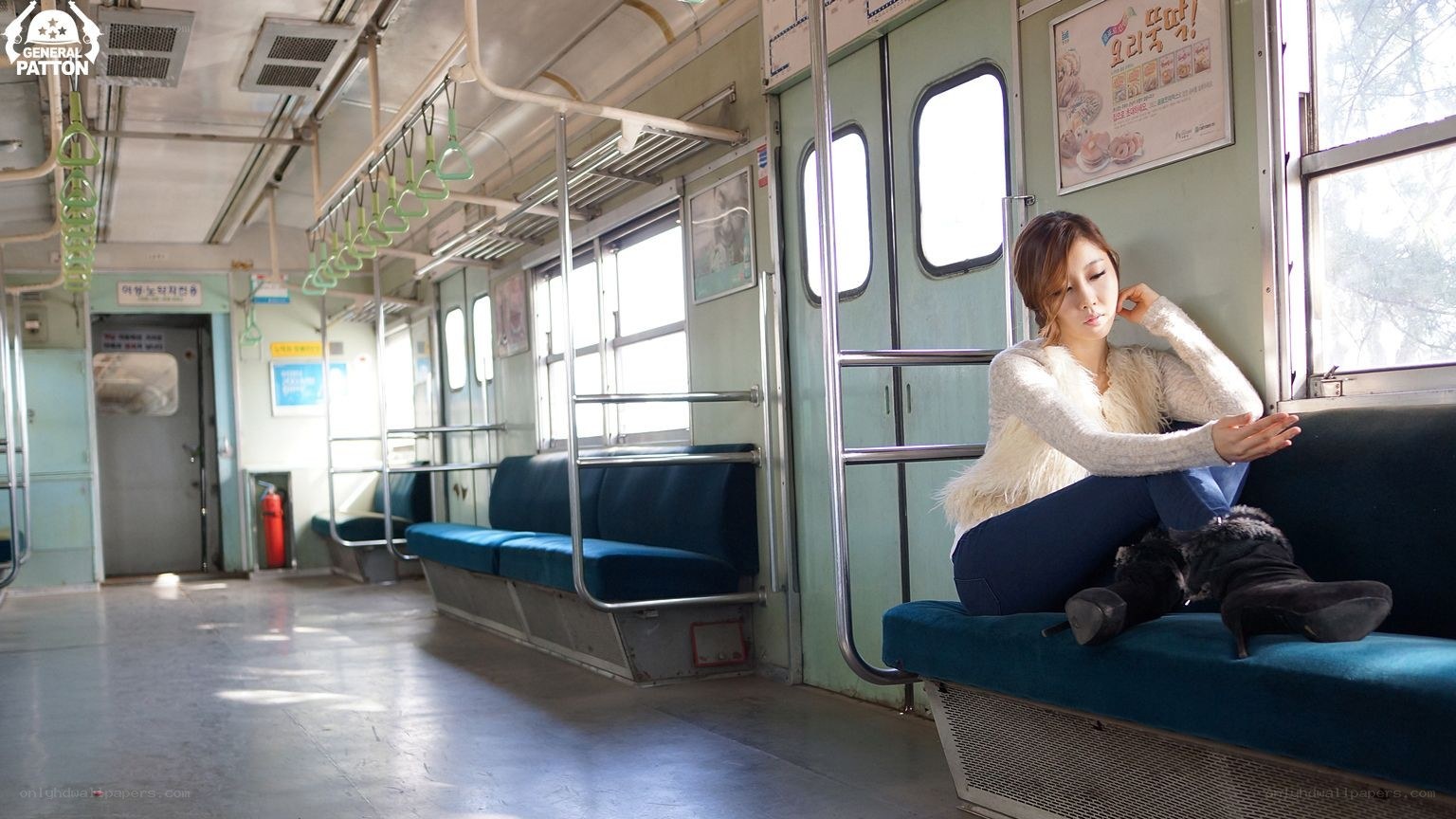 Woman sitting on train