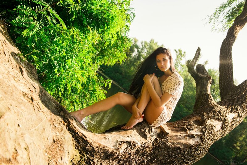 woman sitting on tree branch