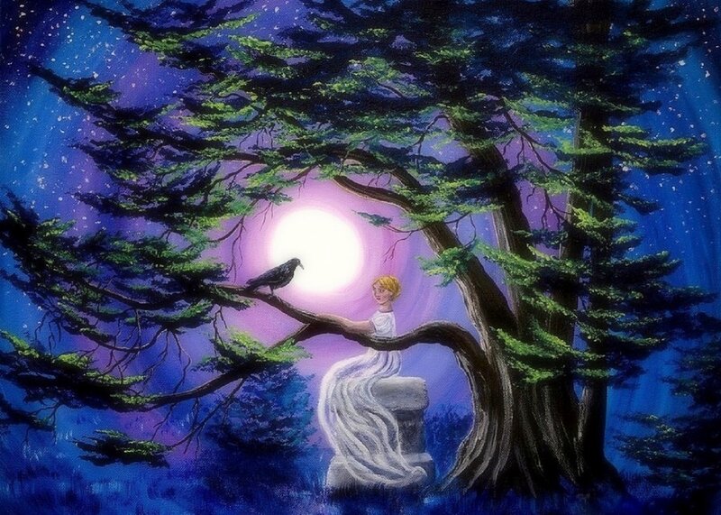 Woman Sitting on Tree Branch — Blue, Serene