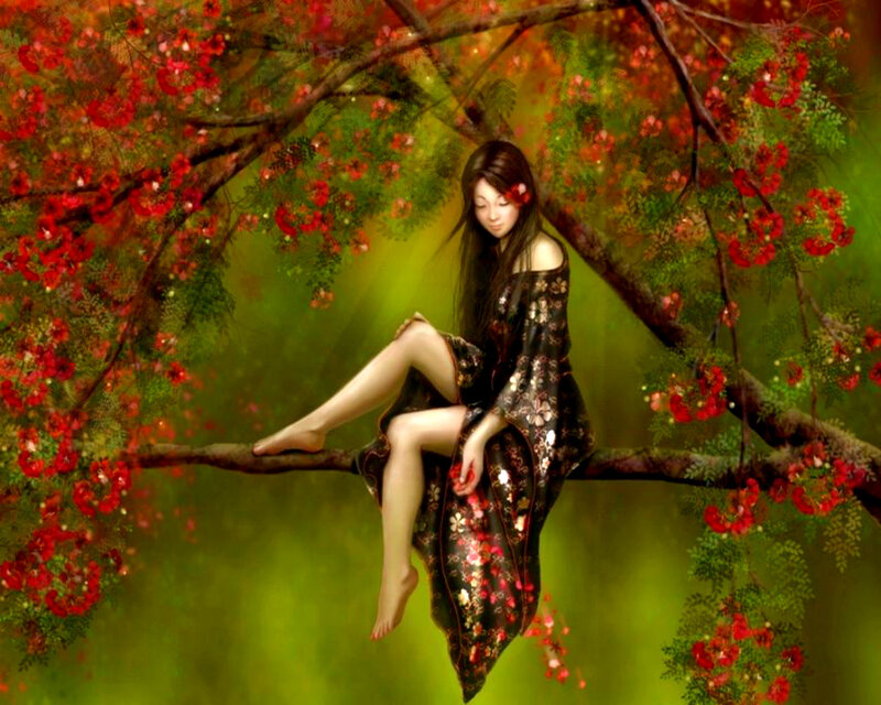 Woman Sitting on Tree Branch — Green, Serene, Spring