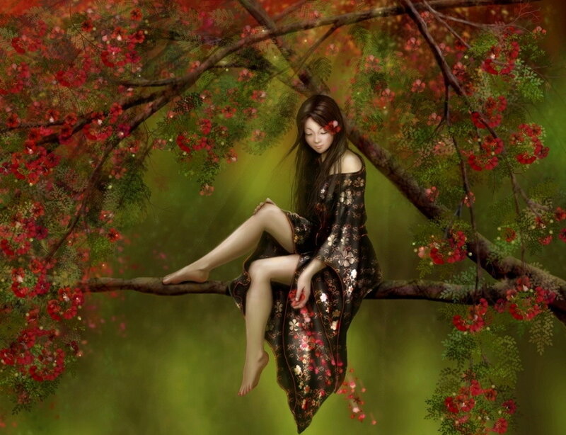 Woman Sitting on Tree Branch — Green