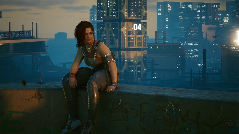 Woman Sitting on Wall — Blue, Dramatic