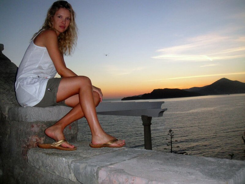 Woman Sitting on Wall — Blue, Serene