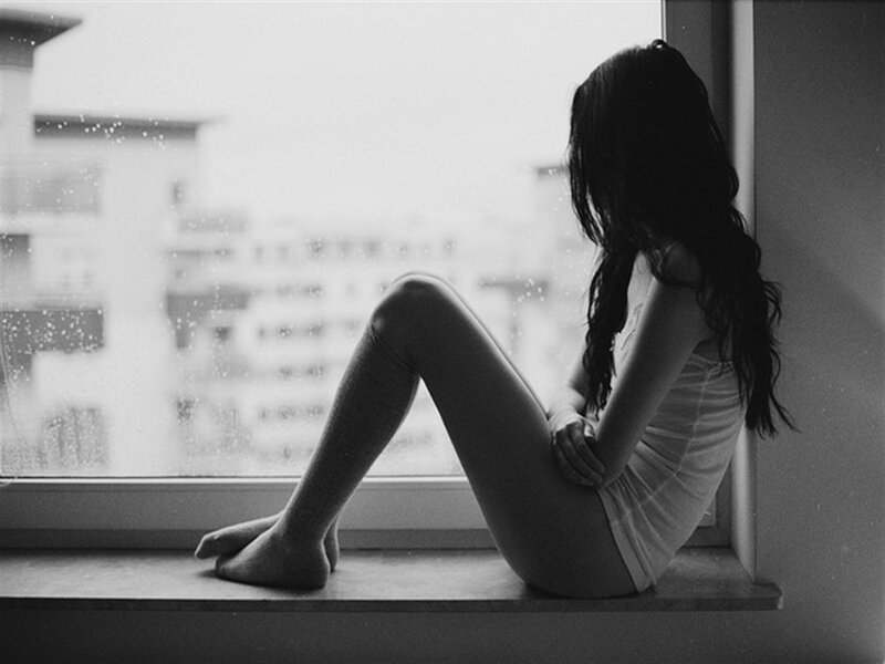 Woman Sitting on Windowsill — Black, Melancholic, Photograph