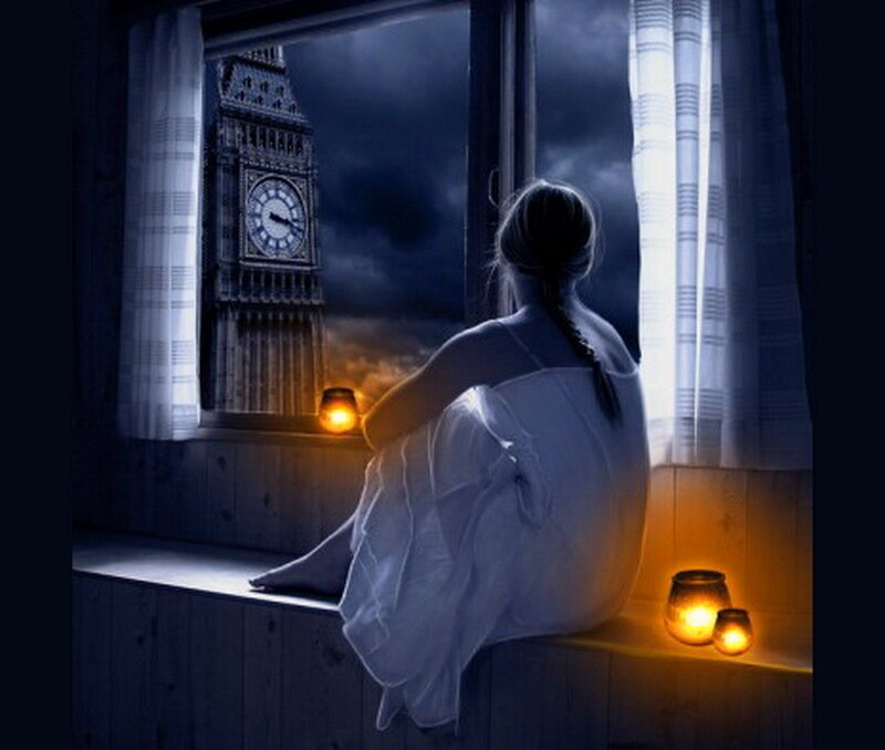 Woman Sitting on Windowsill — Blue, Dramatic