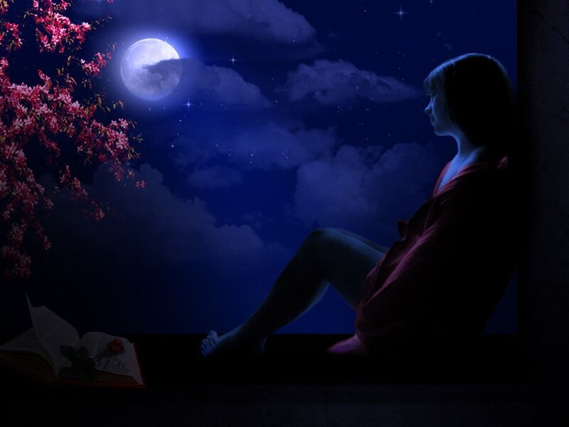 Woman Sitting on Windowsill — Blue