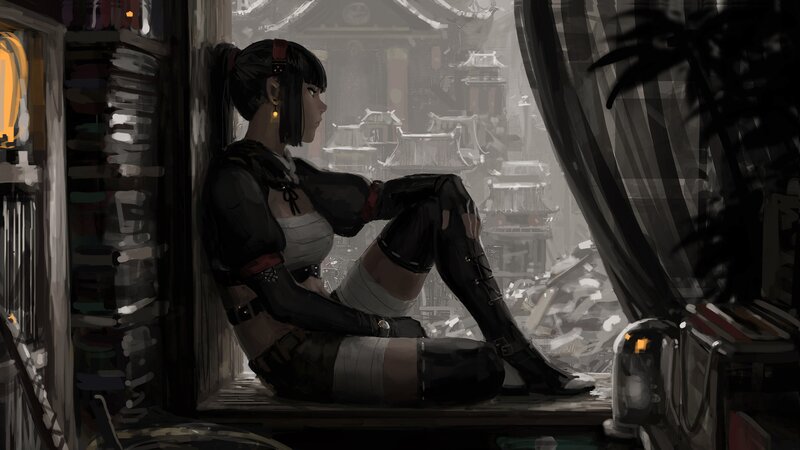 Woman Sitting on Windowsill — Gray, Melancholic