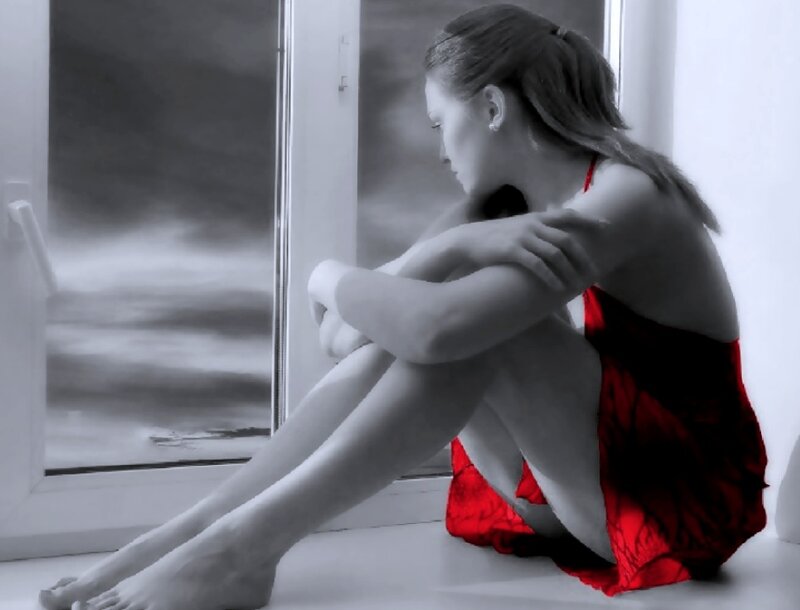 Woman Sitting on Windowsill — Red, Melancholic