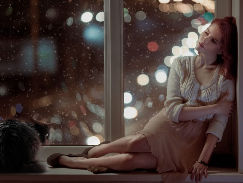 Woman Sitting on Windowsill — White, Calm, Night