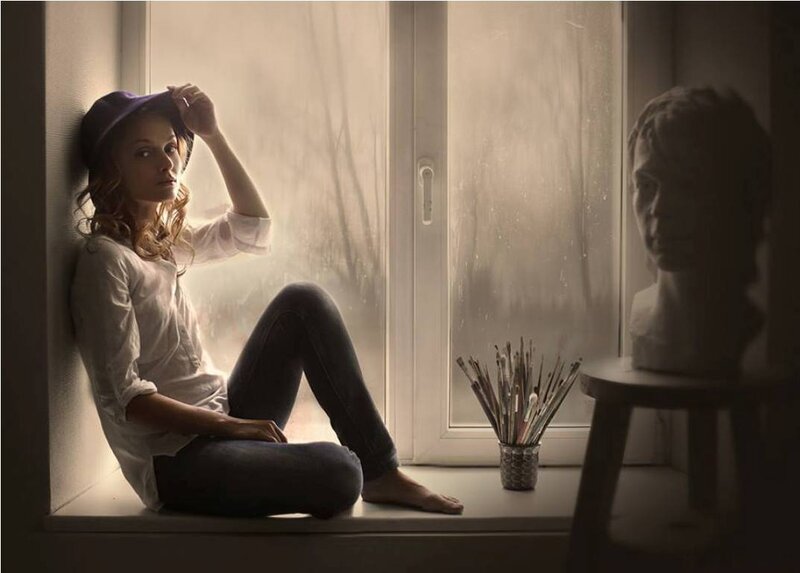 Woman Sitting on Windowsill — White, Dramatic