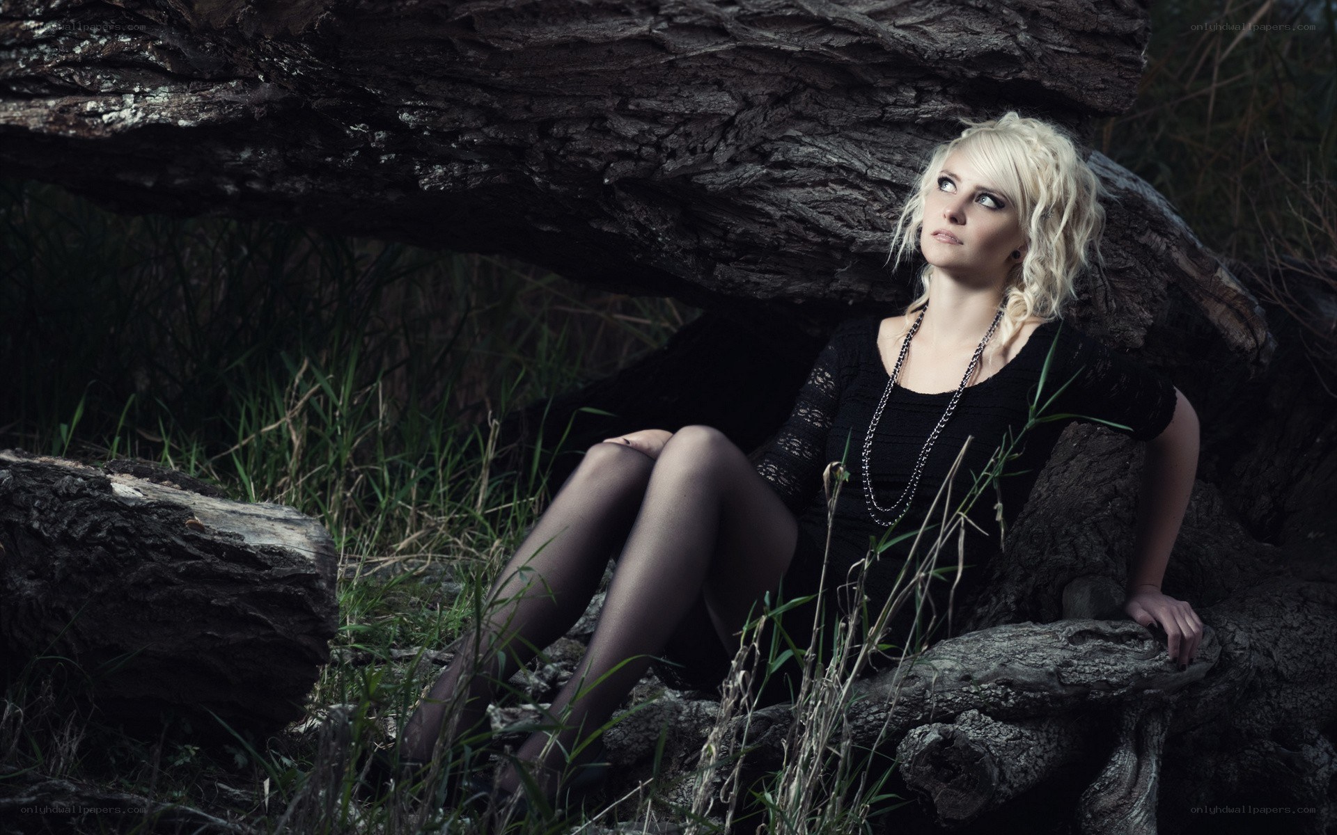 woman sitting under a log