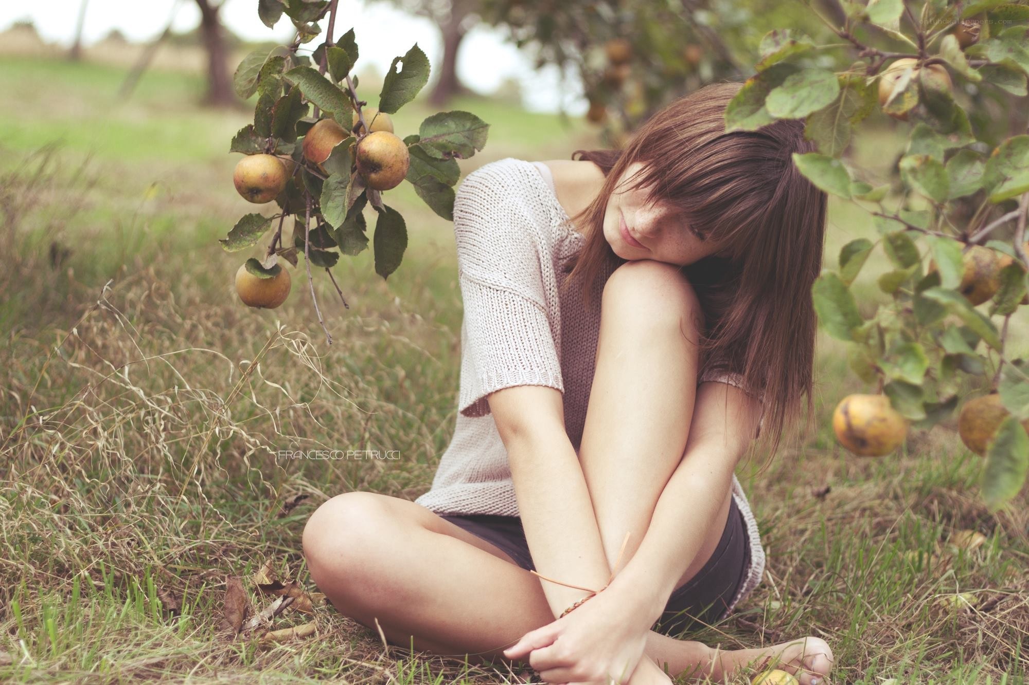 woman sitting under apple tree