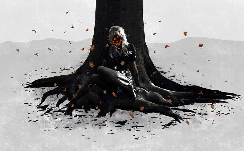Woman Sitting under Tree — Black, Dramatic