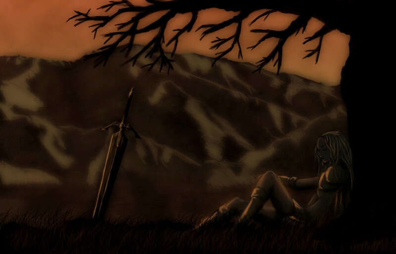 Woman Sitting under Tree — Brown, Dramatic
