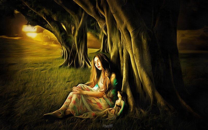 Woman Sitting under Tree — Green, Dramatic