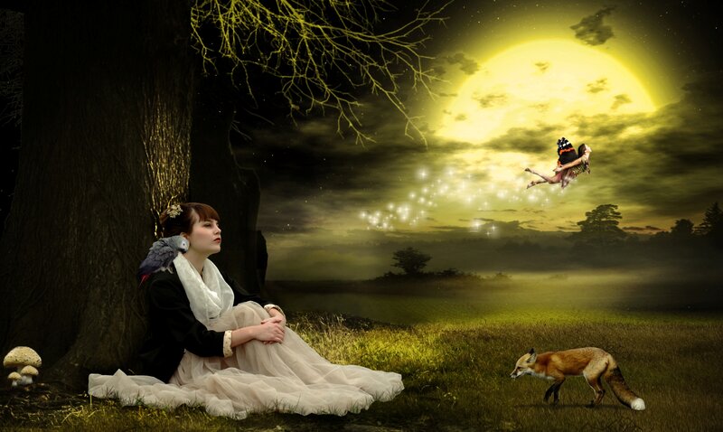Woman Sitting under Tree — Green, Dreamy