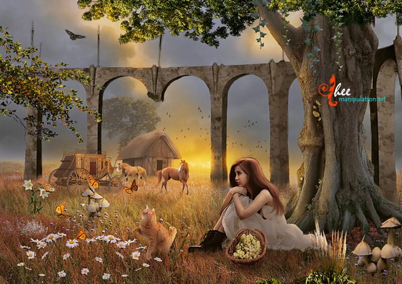 Woman Sitting under Tree — Green, Serene, Sunset