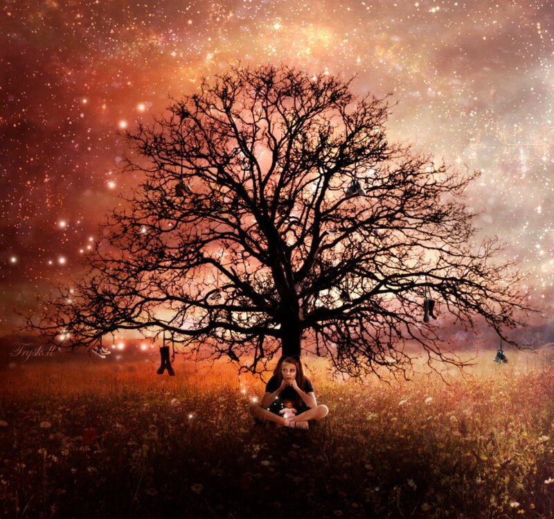 Woman Sitting under Tree — Orange, Dramatic