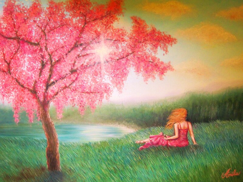 Woman Sitting under Tree — Pink