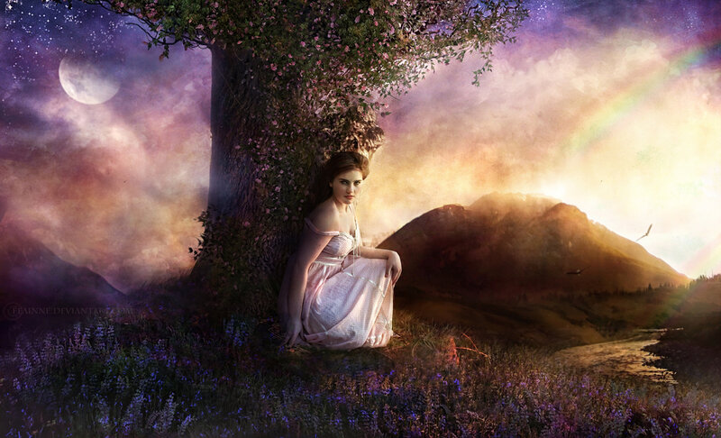 Woman Sitting under Tree — Purple