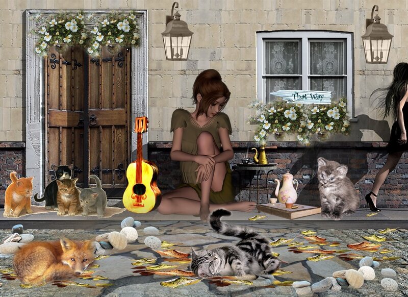 Woman Sitting with Cats