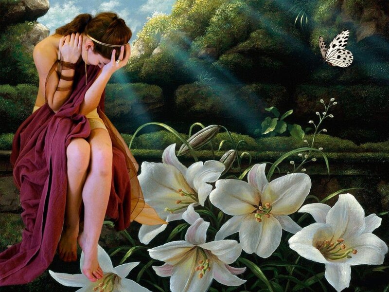 Woman Sitting with Lilies