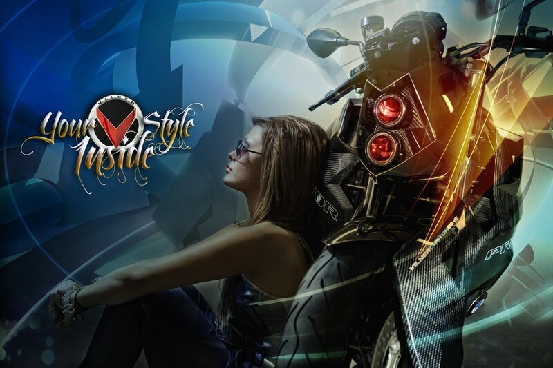 Woman Sitting with Motorcycle — Blue, Dramatic, Digital Art
