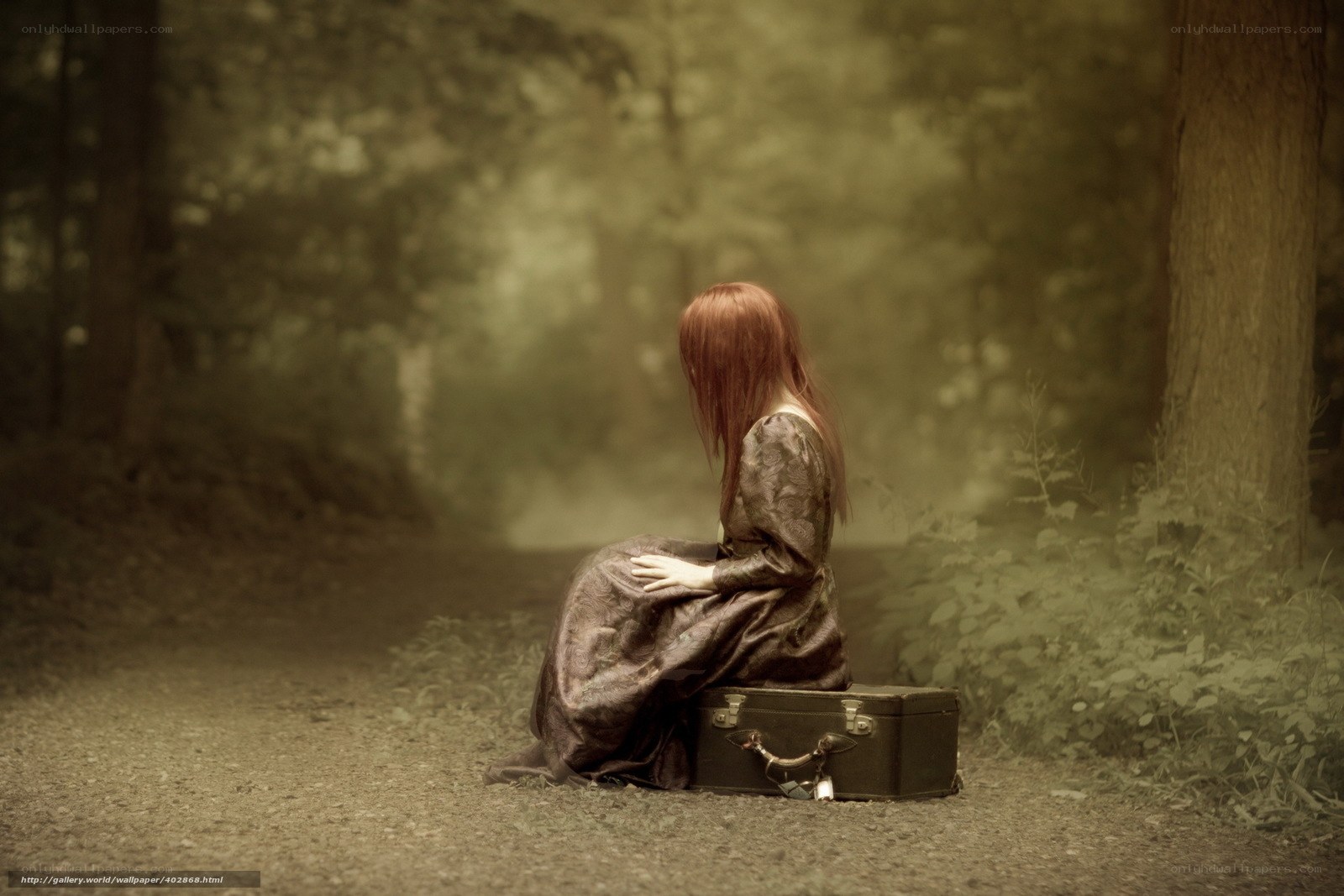 woman sitting with suitcase in forest