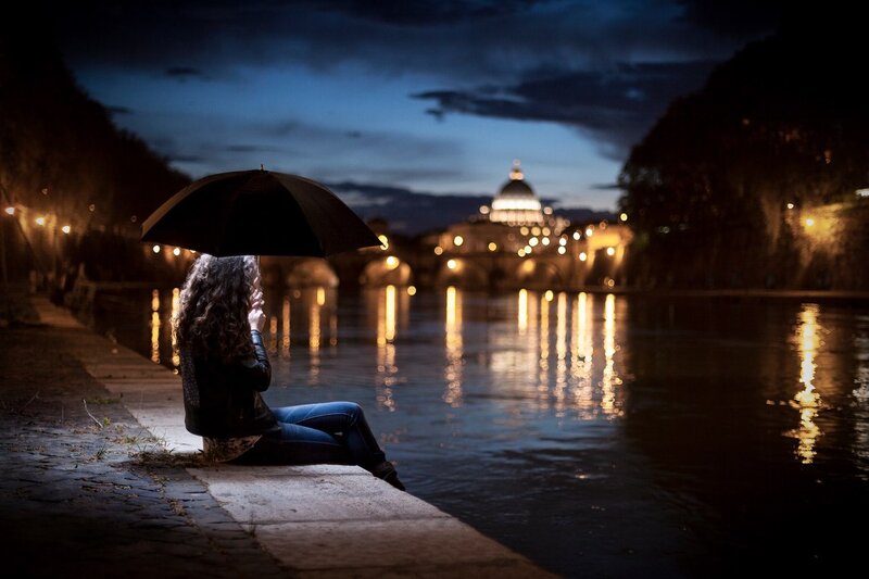 Woman Sitting with Umbrella — Blue