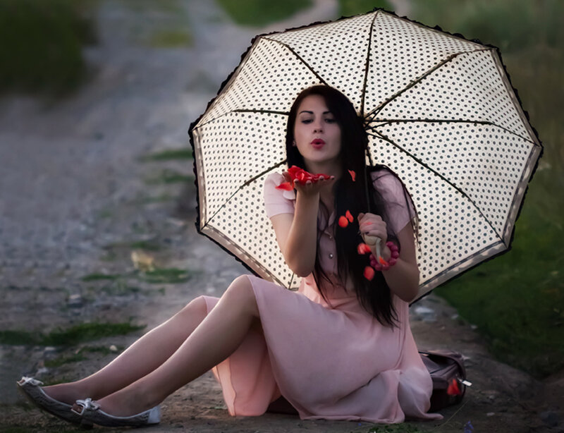 Woman Sitting with Umbrella — Pink