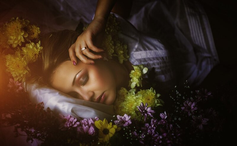 Woman Sleeping Among Flowers — Yellow