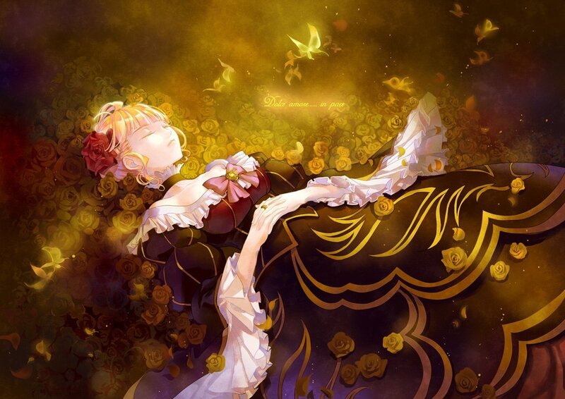 woman sleeping among roses