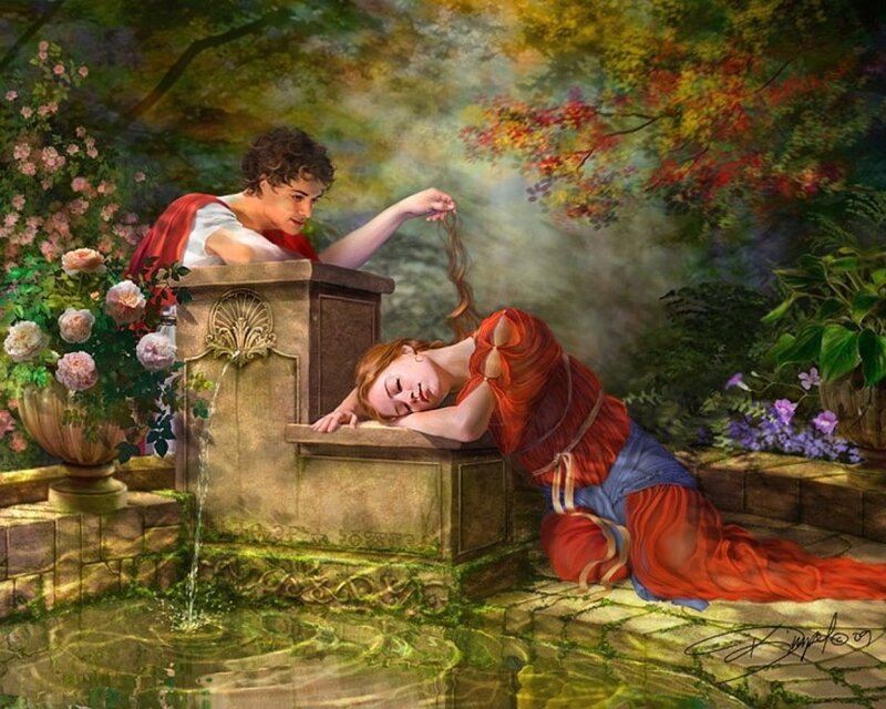 Woman Sleeping at Fountain — Red