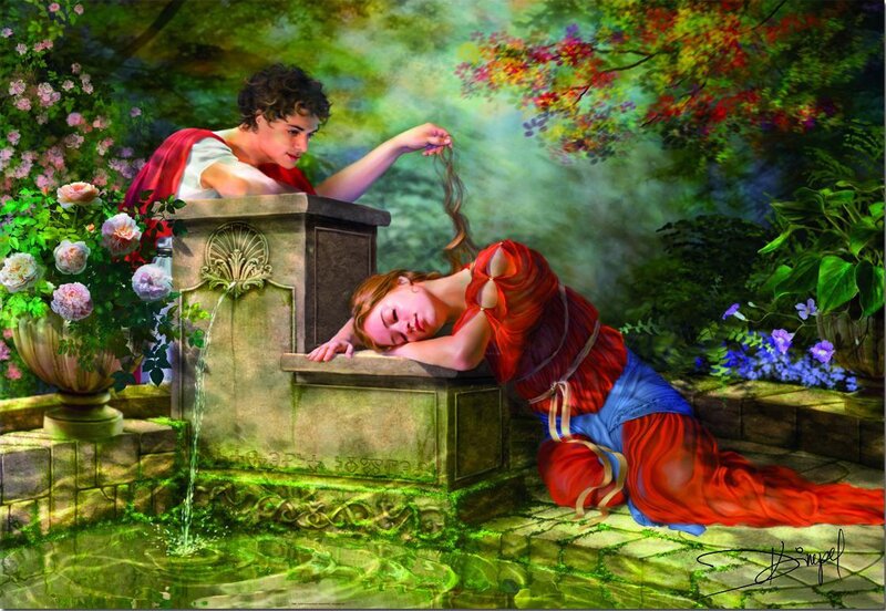 Woman Sleeping by Fountain — Green