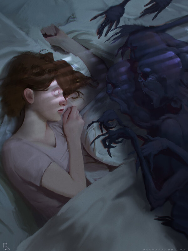 Woman Sleeping in Bed — Purple, Dark