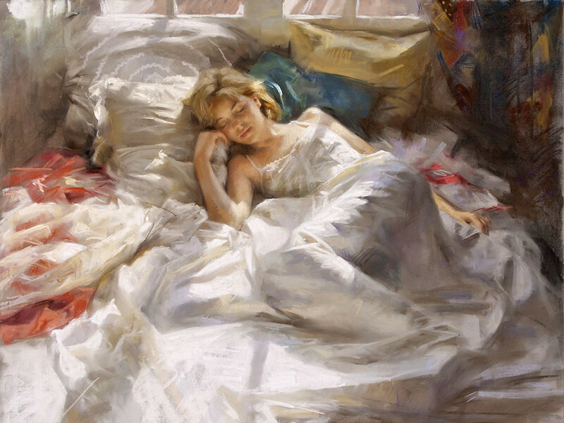 Woman Sleeping in Bed — White, Serene, Morning, Painting, Pillow
