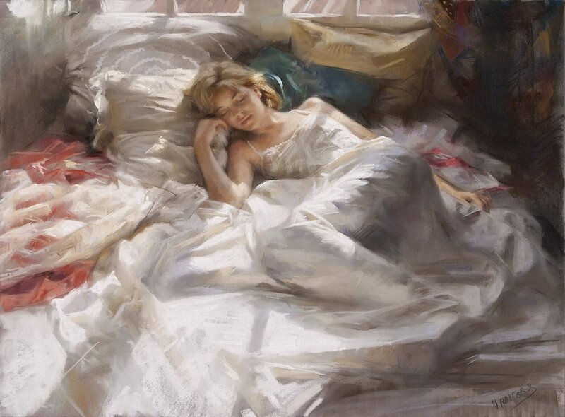 Woman Sleeping in Bed — White, Serene, Morning, Painting, Pillow, Window